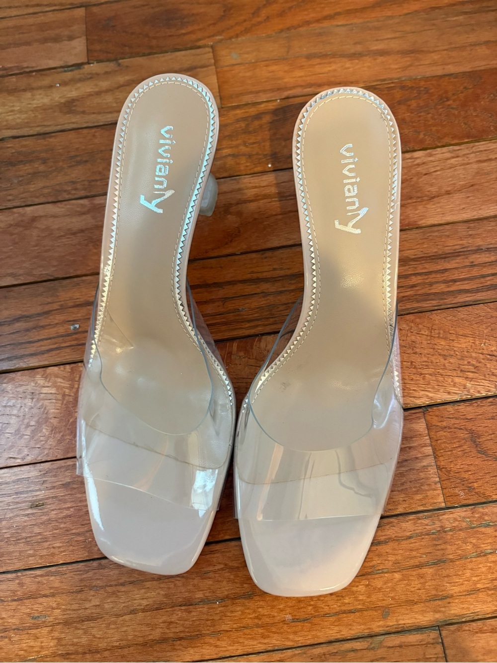Vivianly Clear Vinyl Nude Slide Heels